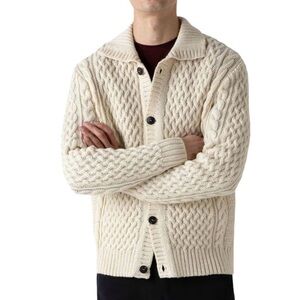 Sunspel Merino Wool Ecru Cable Knit Cardigan